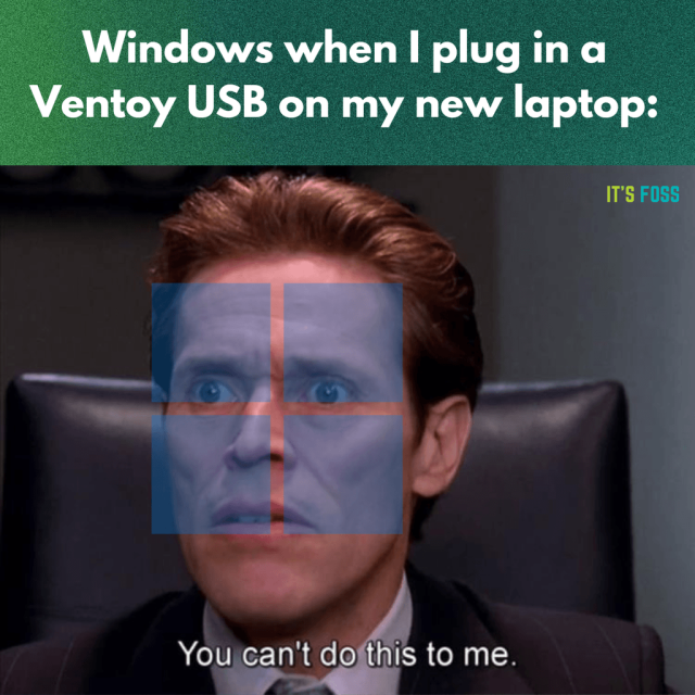 Windows when I plug in a Ventoy USB on my new laptop:

There is a picture of a man wearing a suit with the Windows logo on their face, saying, "You can't do this to me."

This is a popular scene from Spider-Man (2002) where Norman Osborn is fired from his own company (Oscorp).