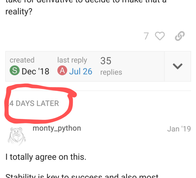 Screenshot of a web forum where the text "4 days later" can be seen between two replies.