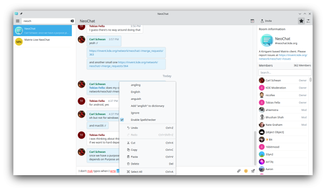 Screenshot of NeoChat with spellchecking :)