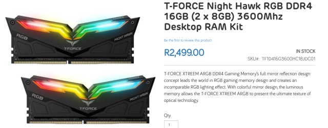 A screenshot from a store page for 'T-FORCE Night Hawk RGB' RAM. It shows two sticks of ram that have a very pointy 'night-hawk' style design that kinda looks like wings, with layered RGB strips.
