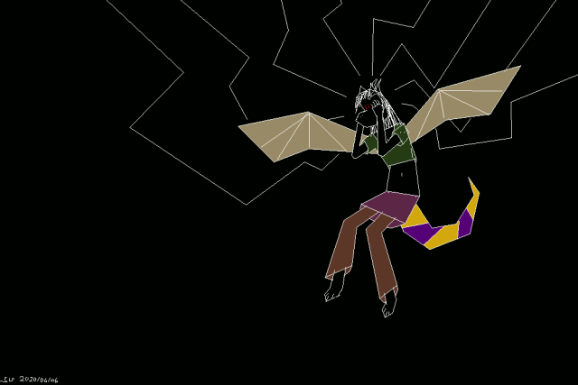 a demonic winged figure floating against a black background. she is holding her head in her hands.