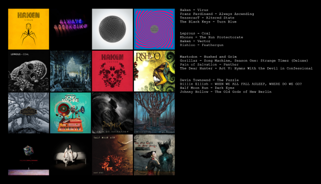Haken - Virus
Franz Ferdinand - Always Ascending
TesseracT - Altered State
The Black Keys - Turn Blue

Leprous - Coal
Khonsu - The Xun Protectorate
Haken - Vector
Rishloo - Feathergun

Mastodon - Hushed and Grim
Gorillaz - Song Machine, Season One: Strange Timez (Deluxe)
Pain of Salvation - Panther
The Dear Hunter - Act V: Hymns With the Devil in Confessional

Devin Townsend - The Puzzle
Billie Eilish - WHEN WE ALL FALL ASLEEP, WHERE DO WE GO?
Half Moon Run - Dark Eyes
Johnny Hollow - The Old Gods of New Berlin