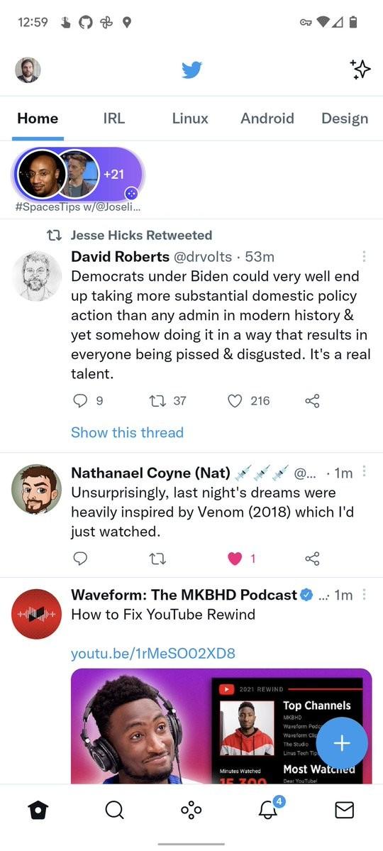 Screenshot of Twitter with a Space being promoted at the top of the feed