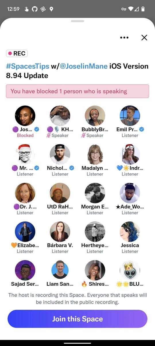 Screenshot of that space with the host showing as Blocked