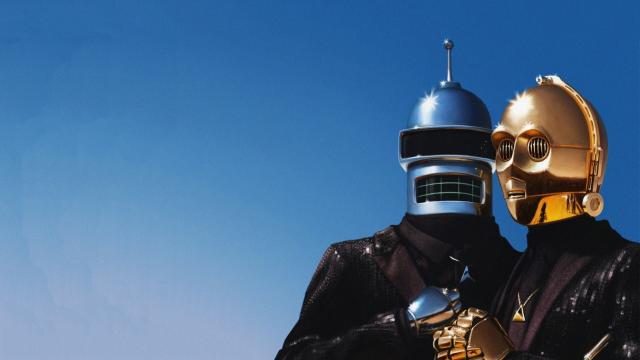 A parody of a famous Daft Punk image where the two musicians are standing together wearing their silver and gold helmets. In this case, it's C-3PO from Star Wars and Bender from Futurama.
