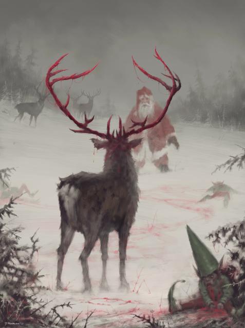 A reindeer with a massive rack of antlers, dripping with blood, faces down Santa and other reindeer. The bodies of elves are strewn about the snow, turned red with the trails of blood.
