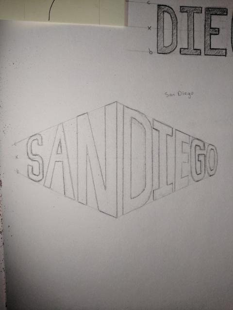 Sketch of the word San Diego in perspective