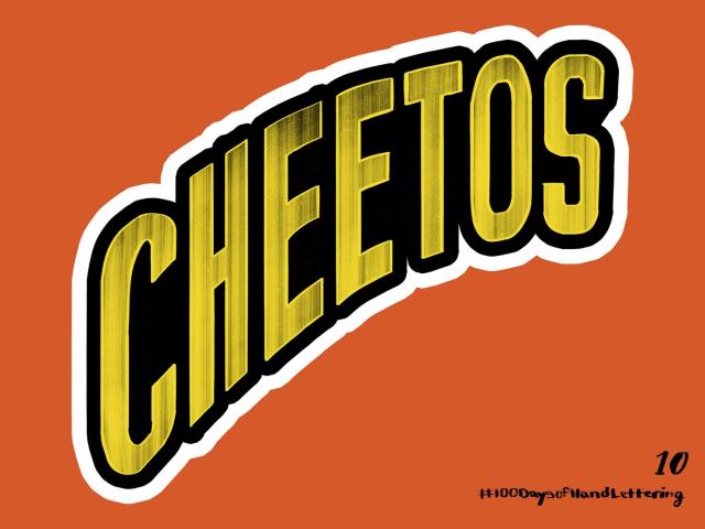 Photoshop rendering of the word "Cheetos" on an orange background–black and white borders surround the word.