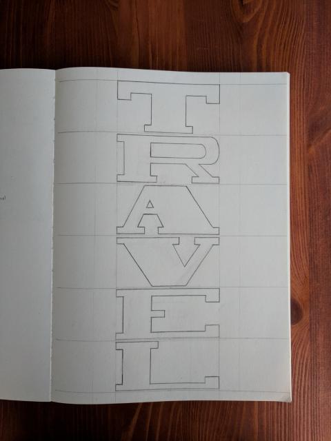 Illustration of the word Travel laid out vertically in a serif styled typeface.