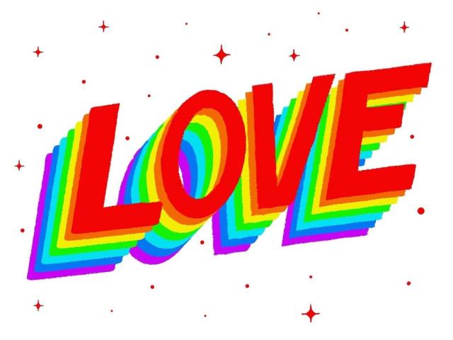 An illustration of the word "LOVE" as part of a rainbow