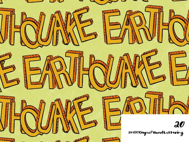 Hand lettering of the word "Earthquake" that is jumbled up and colored in shades of orange.