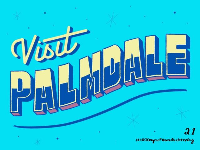 Hand of lettering of "Visit Palmdale" with a light blue background and stars.