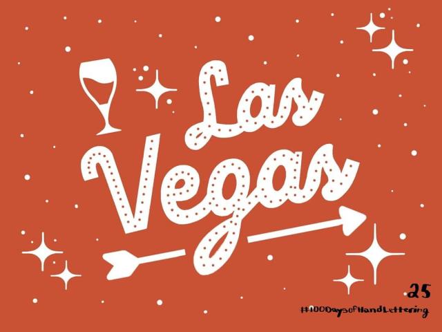 Lettering of the words "Las Vegas" in white with a red background. Stars are around it with an arrow pointing right below and a glass of wine on the top left.