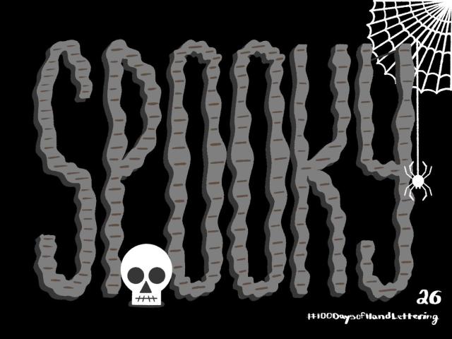 Lettering of the word "Spooky" with a spiderweb and spider on the top right and a skull at the bottom in front of the "P" in Spooky.