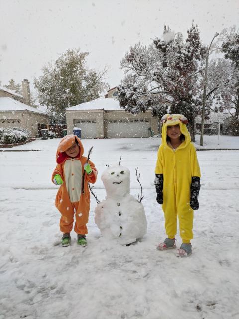 My two kids in the snow on our driveway with the small snowman they built.