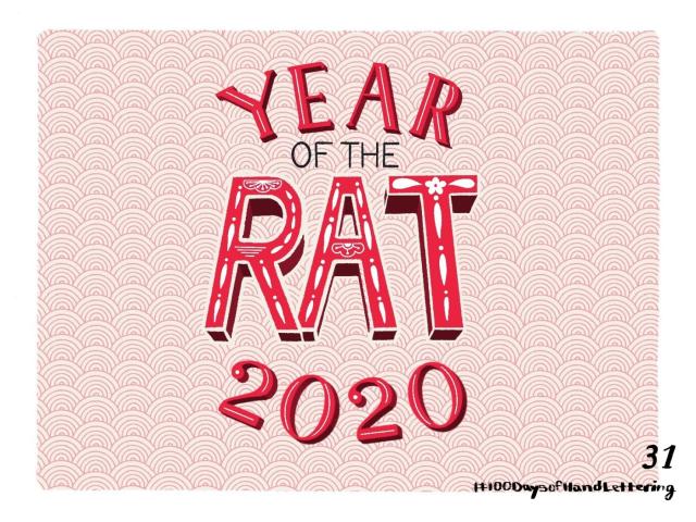 Lettering of the words "Year of the Rat 2020" in red. There is a cloud pattern in the background and a white border.