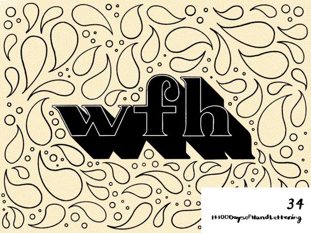 A 3D hand lettering image of the letters "wfh" meaning work from home in black. There is an abstract water droplet-like pattern around the lettering as well.