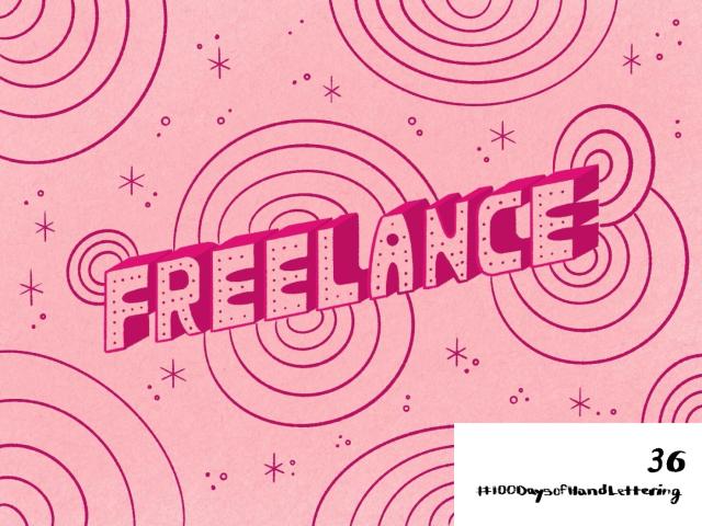 Hand lettering of the word "Freelance" in a 3D perspective. The background includes rings and stars similar to space. The colors are in shades of pink.