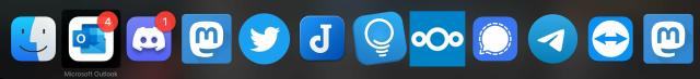 My macOS task switcher and it’s full of blue apps. Finder, Outlook, Discord, Mastodon, TweetDeck, Joplin, Cloud Outliner, Signal, Telegram, Teamviewer, and another Mastodon icon.