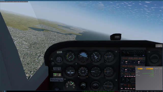screenshot from FlightGear flight simulator in a Cessna 172 cockpit over sydney