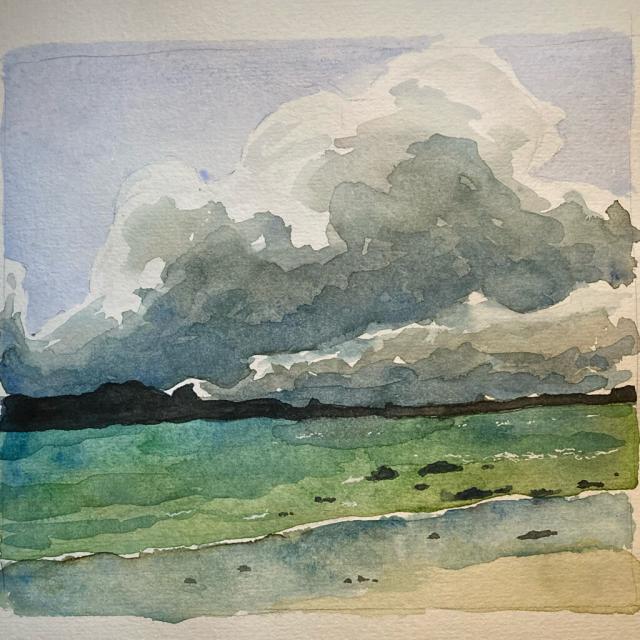 a watercolor drawing of storm clouds over a beach 