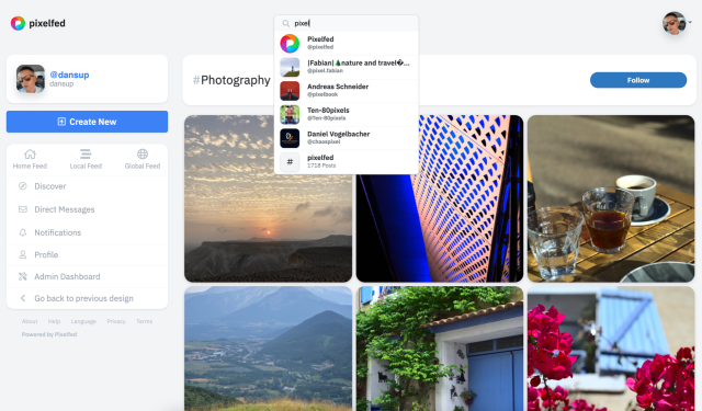 Pixelfed Metro UI hashtag feed screenshot