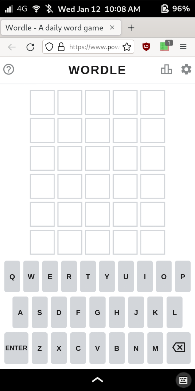 A screenshot of Wordle In Forefox