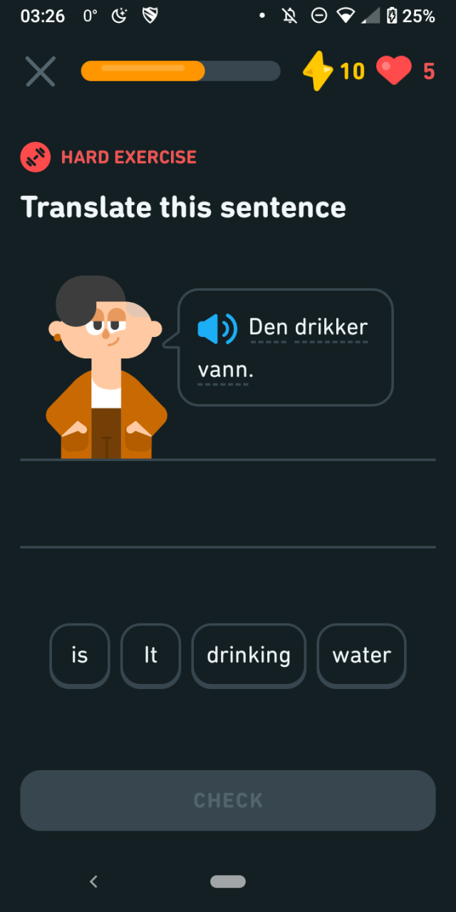 "Den drikker vann." with possible word buttons "is", "It", "drinking", "water"