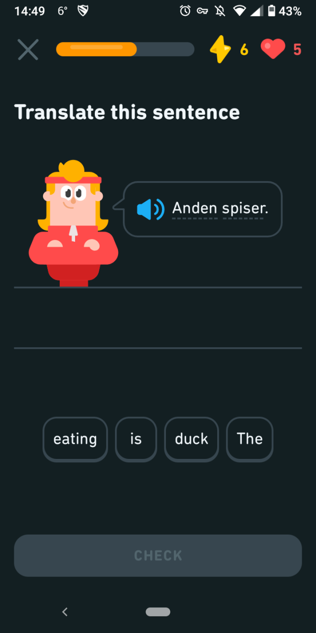 Exercise: "Anden spiser." Possible buttons on the word bar: "eating", "is", "duck", "The".