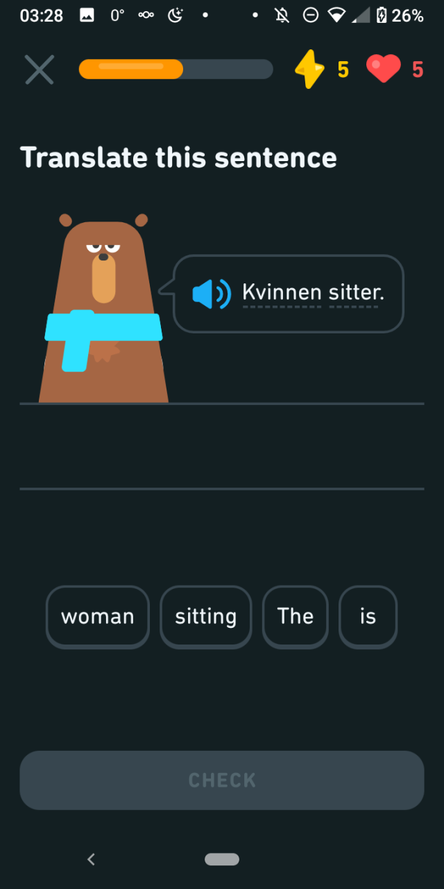 "Kvinnen sitter.", possible words: "woman", "sitting", "The", "is"