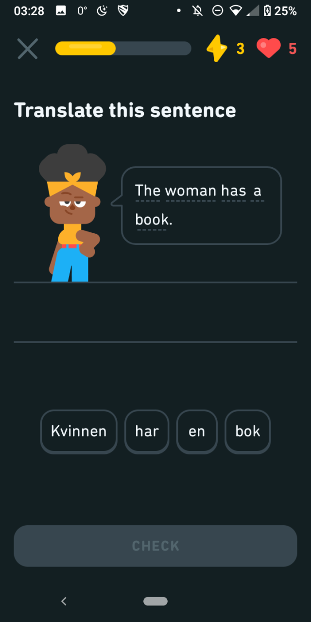 "The woman has a book." with possible words "Kvinnen", "har", "en", "bok", all already in the correct order