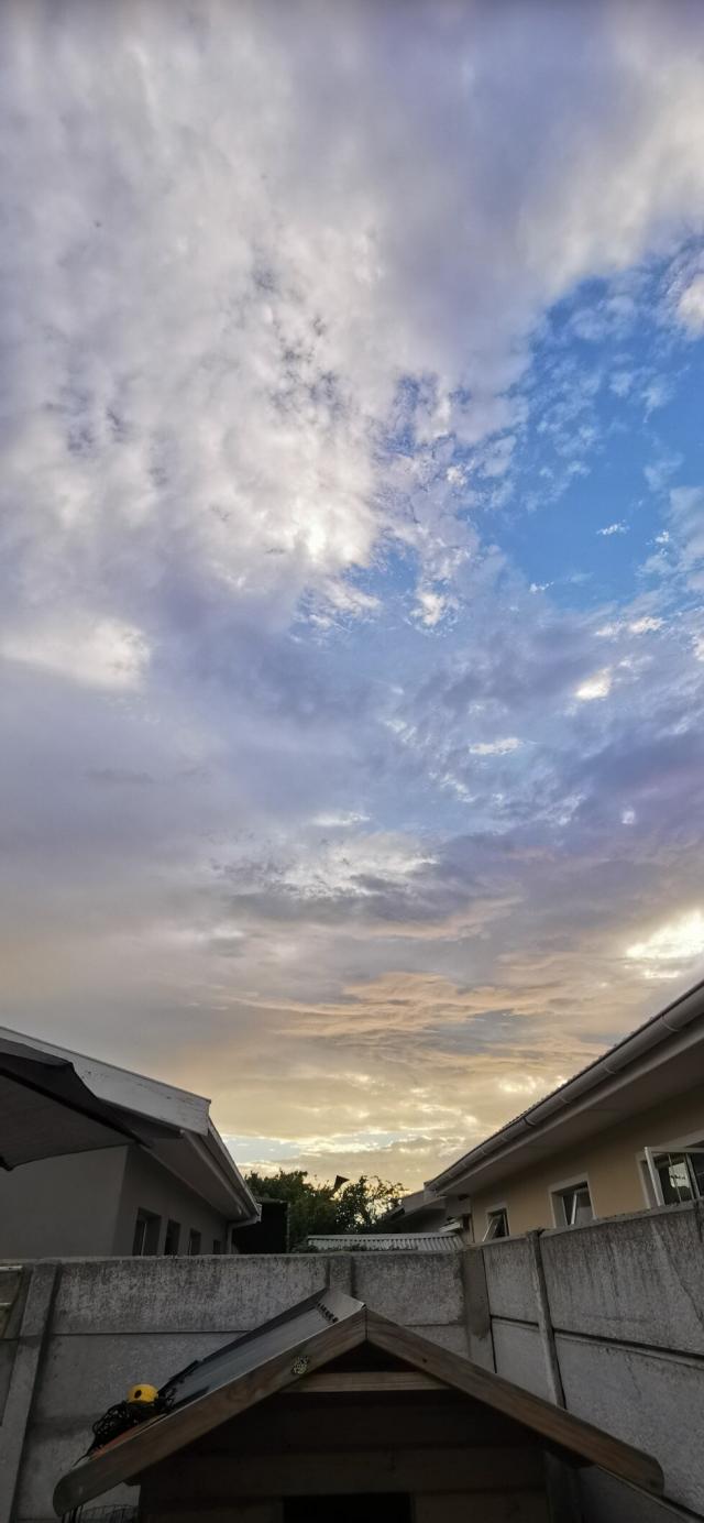 A portrait oriented photo looking over a garden wall at a partly cloudy blue sky. There are lots of cloud layers and the light towards the bottom is a warmer yellow. 
