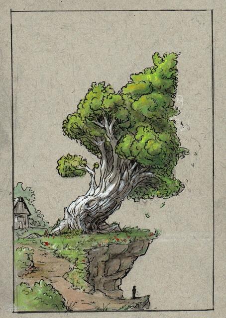 Ink and Gouache illustration of a tree at a cliff