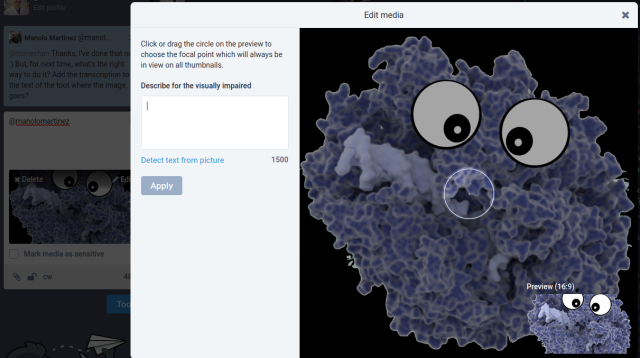A screenshot of a web Mastodon client where the edit button on an image upload is clicked showing a dialog with the input box with the title "Describe for the visually impaired" (image uploaded is a polymerase with eyes: the logo of Friendzymes)