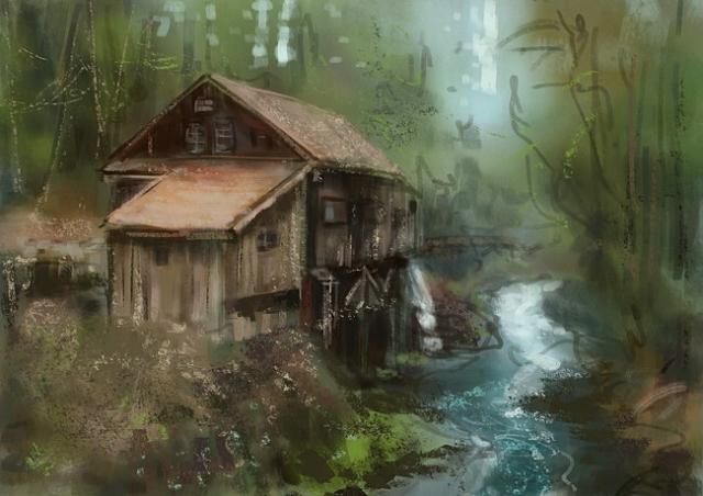 digital sketch, a wooden building by the stream in forest