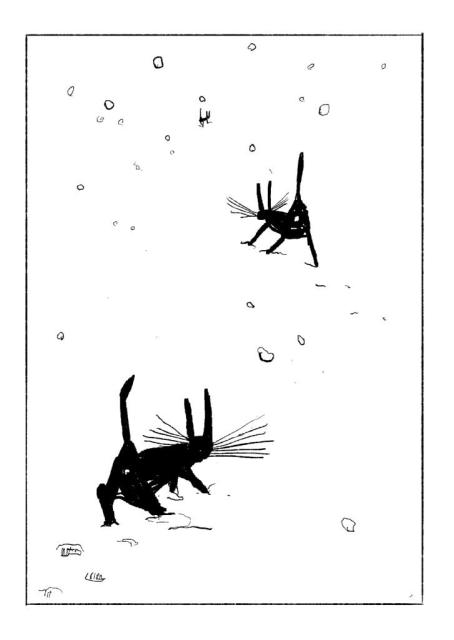 Simple black and white line drawing featuring three crudely drawn black cats with tall ears, tails upright, plenty of whiskers, and buttholes showing. One in the foreground, one in the middle, and a tiny one it the back, all walking awy from the viewer. The background is mostly white with a few snowflakes flying about.