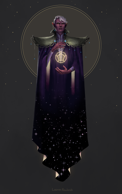 A drawing of Essek, a male drow from Critical Role, floating in front of a grey background. He has purple skin and short white hair, he is wearing a long purple robe the turns to stars near the bottom, and a silver shoulder piece with blue gems hanging off. He is casting magic that looks like a dodecahedron.