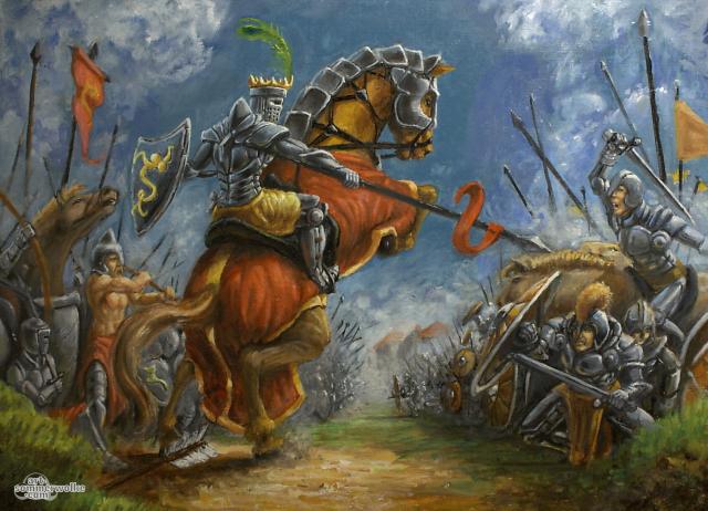 Oil Painting of a medival battle where a knight with spear is in the focus