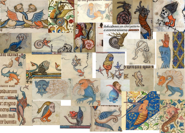 Clips of strange animals from the margins of old illuminated manuscripts. There are dragons with human heads, goat snails, skulls with legs, ducks with human faces, strange leggy beasts - all manner of bizarre creations.