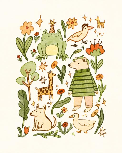 A collection of doodles coloured in soft greens, red and oranges. A bear wearing a beret, a frog in a party hat, a bird in a bowler hat and also duck, giraffes, dog and lots of plants!