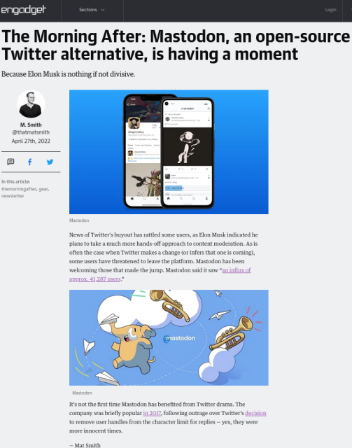 Captura de pantalla de un artículo en inglés que habla sobre Mastodon y dice, en pocas palabras, que somos minúsculos.