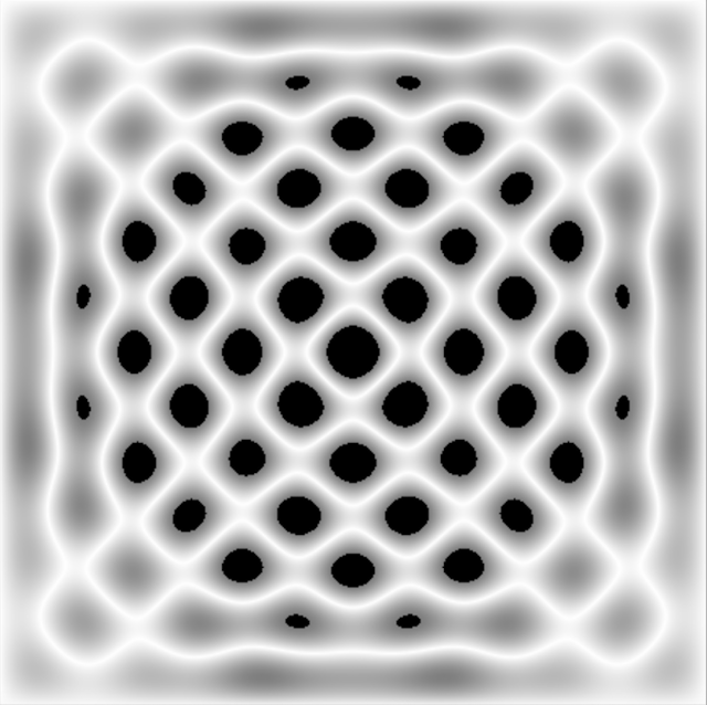 Rather pixilated black and white image of a geometric pattern, it is the shape produced by the musical pitch G2 on a 434mm metal plate