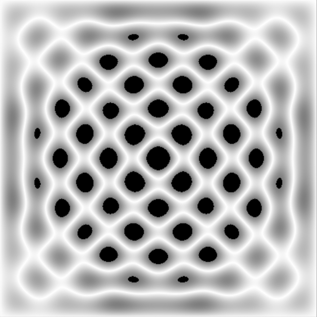 Rather pixilated black and white image of a geometric pattern, it is the shape produced by the musical pitch G2 on a 434mm metal plate