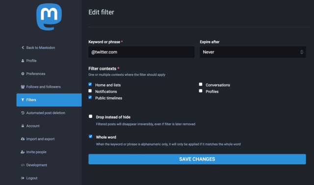 Mastodon settings screenshot, showing the new filter settings for hiding all twitter.com reposts. 
Filter contexts "Home and lists" and "Public timelines" are ticked. 