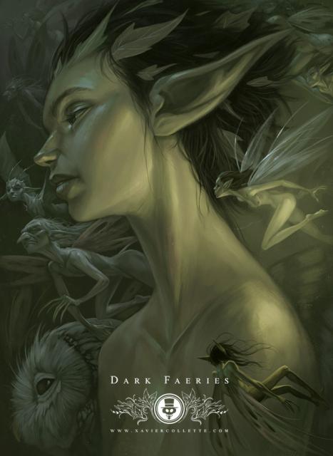 Illustration of flying faeries around one of them, much bigger than the others.