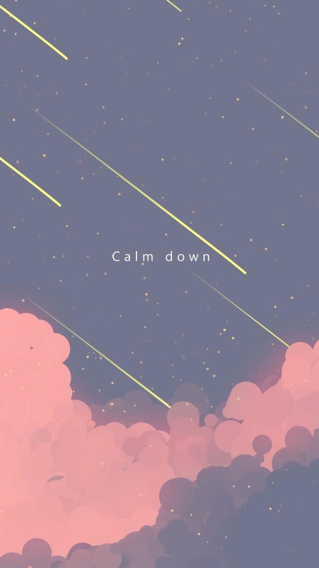 A painting of pink clouds underneath a neutral sky filled with yellow shooting stars. There’s a text in the middle that says “Calm down”