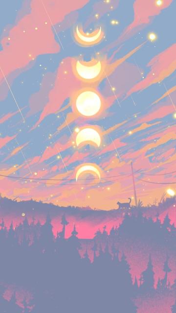 A digital painting of 5 moons in front of the pink and orange sky across the sky above the ground with trees underneath and a cat walking by.
