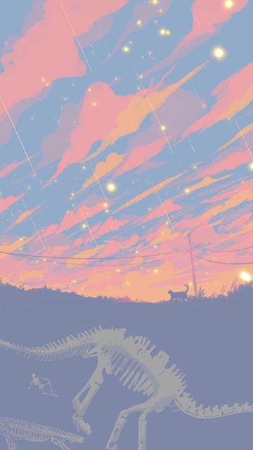 A digital painting of the orange and pink skies across the blue sky above the ground with a cat and dinosaur fossil underneath