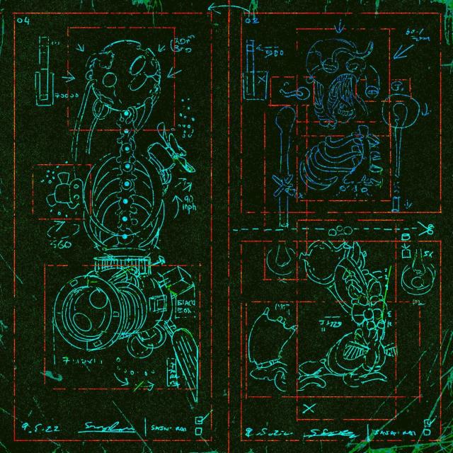 a nefarious blueprint, (blue and red lines on extra sci-fi black paper) depicts a mechanical mermaid its organic progenitor. Both are most terrible designs, and have been annotated by a hack. The mechanical mermaid has a black box, propellors, a fin and a cumbersome camera where its groin should be. The organic mermaid has worms pulling its skull apart. Awful.