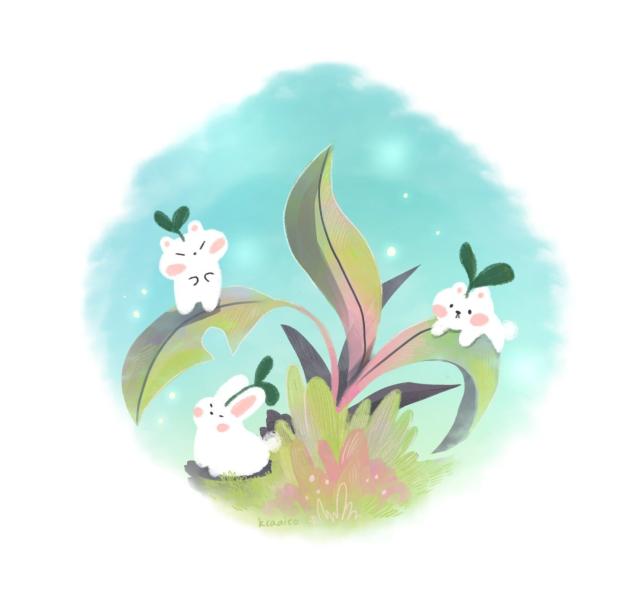 Digital vignette illustration of three small white sprites with rosy cheeks and a leaf of their head. They are shaped like a bunny and two bears and are playing around on a weedy plant. Around them, theres glowing fire flies, or maybe a hint of magic.